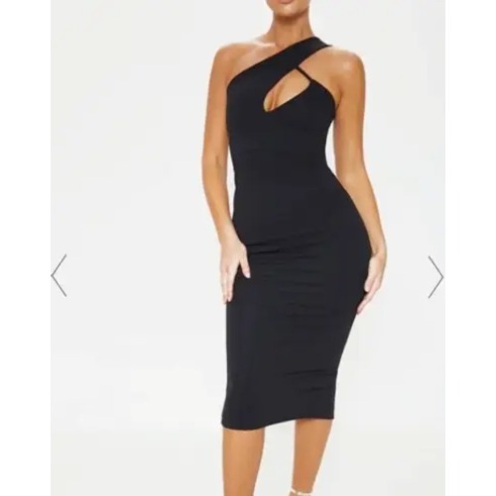 NWT PrettyLittleThing Bodycon Dress Asymmetric Neck Midi Cocktail Party Black 8